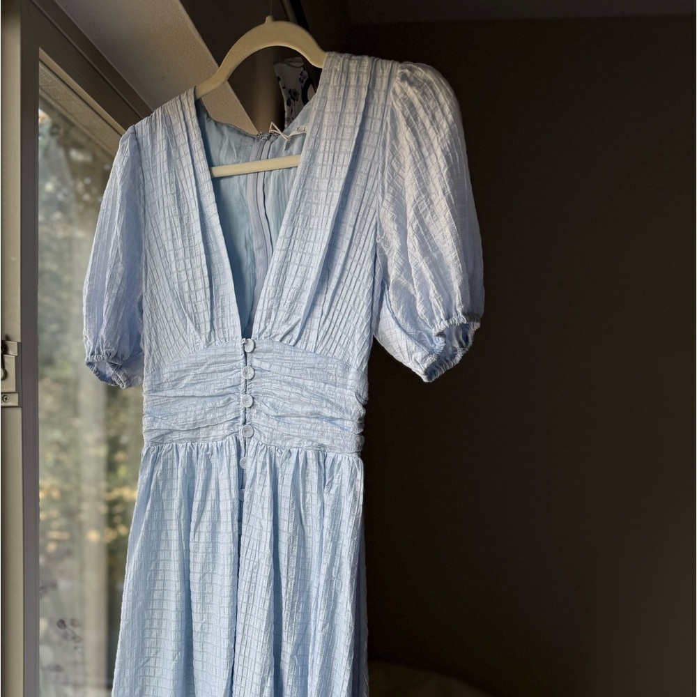 Light Blue Puff Sleeve Maxi Dress | Ruched Waist | Cottagecore | Romantic Style